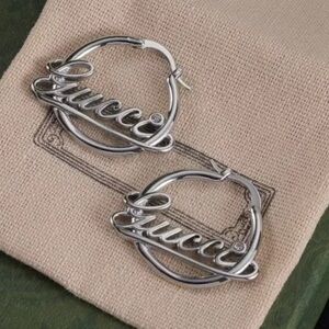 Silver Cursive Logo Hoop Earrings
